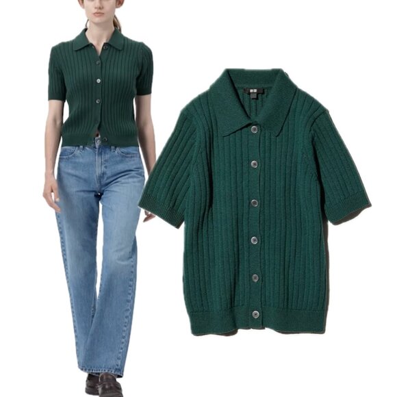 Uniqlo Sweaters - UNIQLO Ribbed Sweater-Knit Polo Short-Sleeve Button-Up Cardigan (Green)